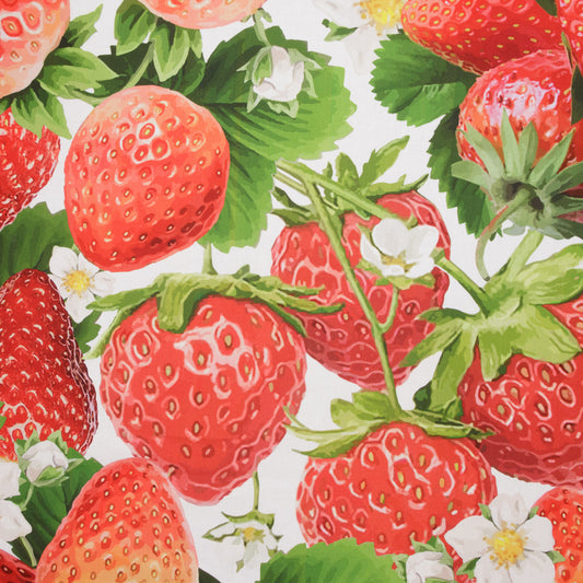 Printed Cotton Linens 140cm Strawberries White - Discontinued - Ragland Fabrics